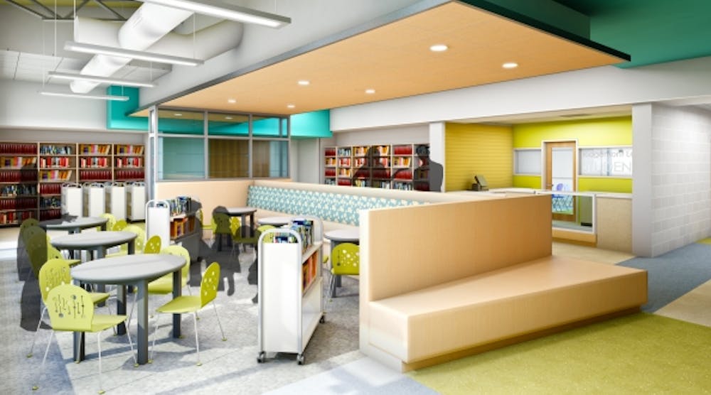 Instead of a traditional library, the new Ridgemont K-12 School in Ridgemont, Ohio, will have a book lounge with spaces for collaboration and social interaction.