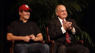 Mark Cuban and Indiana University President Michael A. McRobbie announce plans for the Mark Cuban Center for Sports Media and Technology.