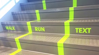 A stairway in the Student Life &amp; Wellness Center at Utah Valley University calls attention to multitasking students who text while walking.