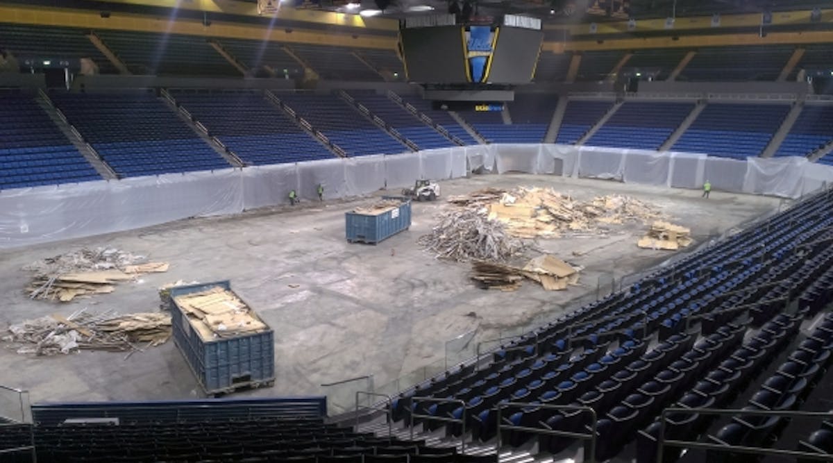 The basketball floor at UCLA&apos;s Pauley Pavilion had to be replaced after a ruptured water main left the court under water.