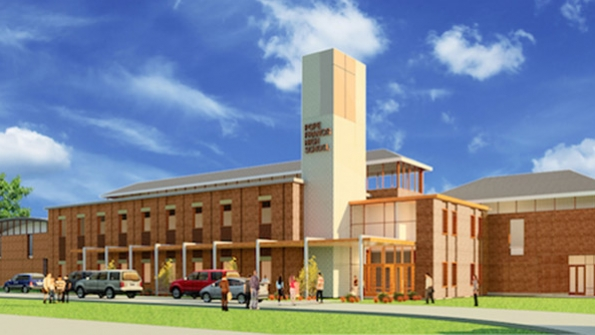 Rendering of Pope Francis High School which will be built on the site of Cathedral High School in Springfield Mass