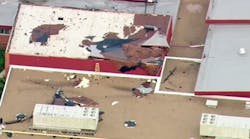 An aerial view of roof damage at Grayslake Central High School.