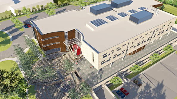 A rendering of the Healthcare Education Center under construction at Sacred Heart University