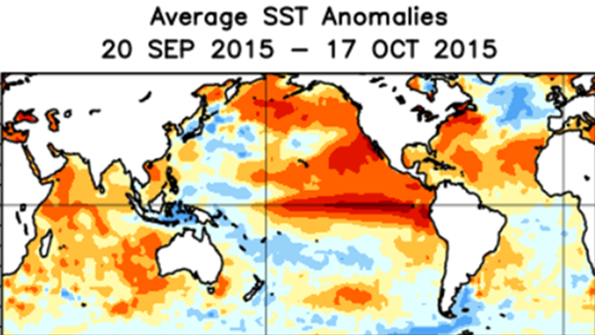 With aboveaverage tropical sea surface temperatures SST in the central and eastern Pacific Ocean climatologists anticipate that El Nintildeo will produce powerful storms along the coast of California