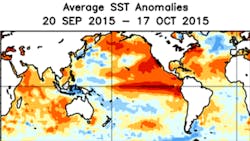 With aboveaverage tropical sea surface temperatures SST in the central and eastern Pacific Ocean climatologists anticipate that El Nintildeo will produce powerful storms along the coast of California With aboveaverage tropical sea surface temperatures SST in the central and eastern Pacific Ocean climatologists anticipate that El Nintildeo will produce powerful storms along the coast of California