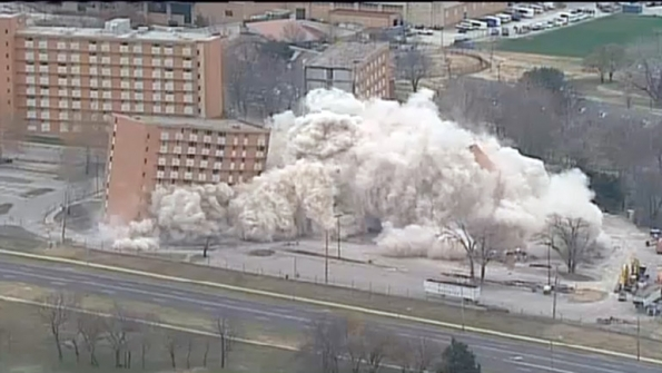 The University of Kansas uses explosives to implode McCollum Hall which thousands of students called home over its 50year life