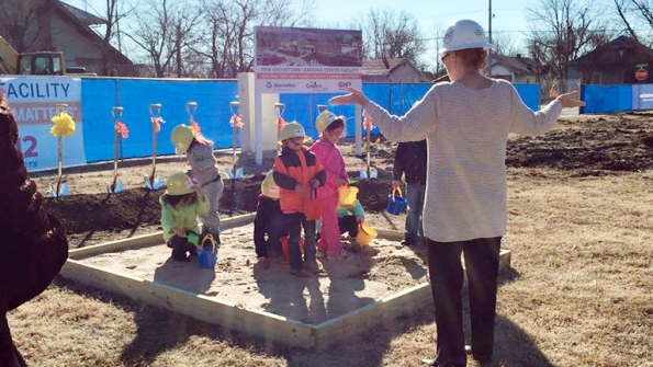 Students at Crosstown Learning Center in Tulsa take part in the groundbreaking for a new facility