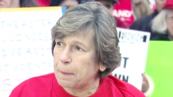 Randi Weingarten president of the American Federation of Teachers speaks to striking Chicago teachers at a rally Friday