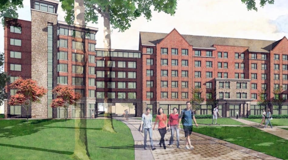 Rendering of residence hall for first-year students, now under construction at the University of Vermont,