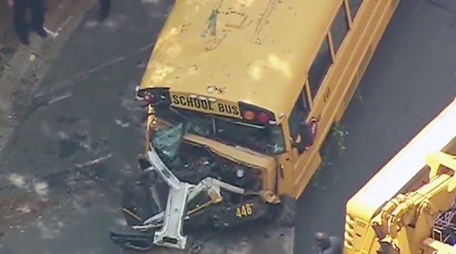 A school bus in Charlotte, N.C., sustained significant damage after crashing into a house.