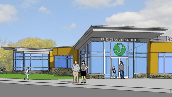 Rendering of front entrance for the new campus of The Circle School
