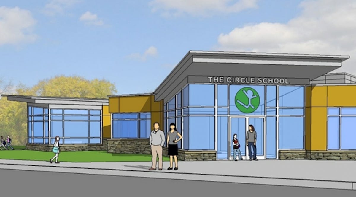 Rendering of front entrance for the new campus of The Circle School.