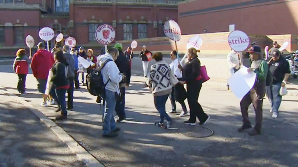 Striking dining service workers picketed Harvard University earlier this month