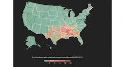 Map show where students were subject to corporal punishment in 2013-14.