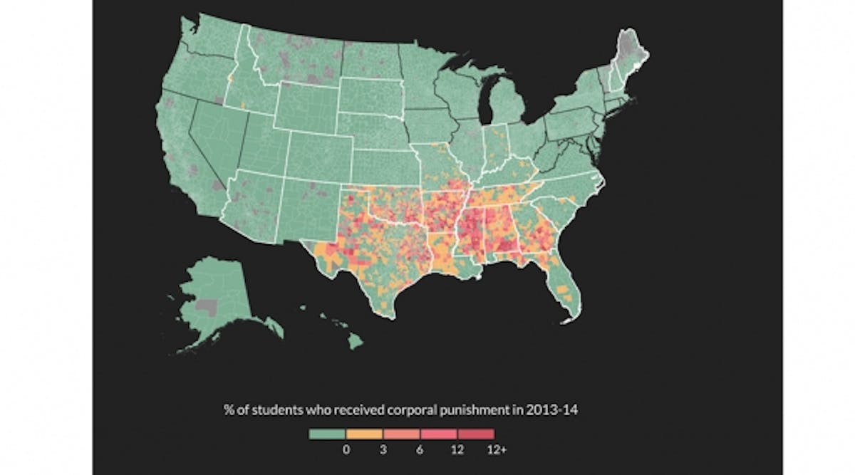 Map show where students were subject to corporal punishment in 2013-14.