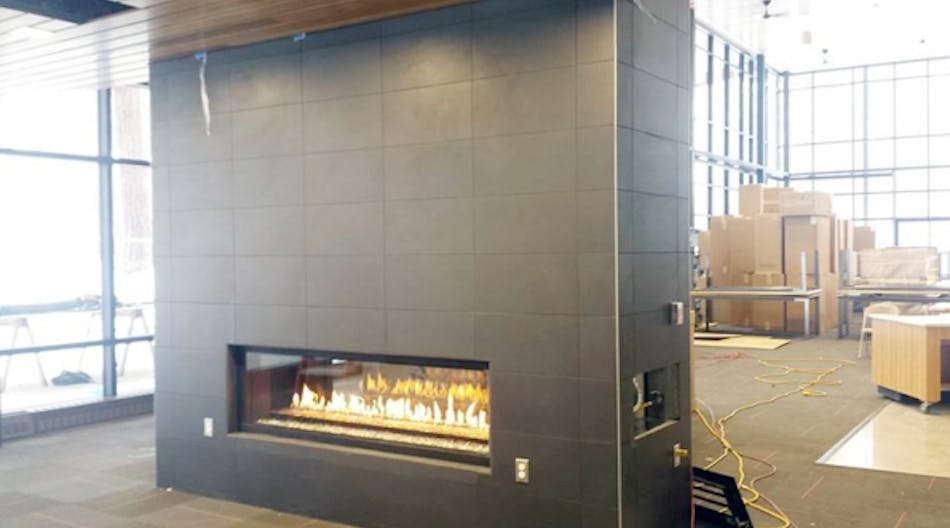 The newly opened dining facility on the OSU-Cascades campus features a large fireplace.
