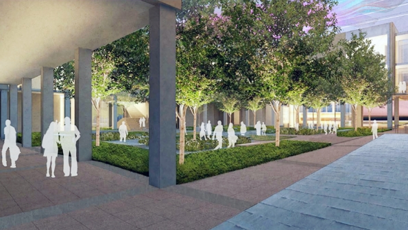 Rendering of a courtyard in the the planned expansion of the College of Visual Arts and Design