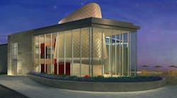 A conceptual drawing of Carthage College&apos;s new science center at night.
