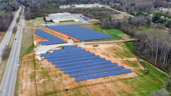 A newly activated array of solar panels near the main entrance to Furman University