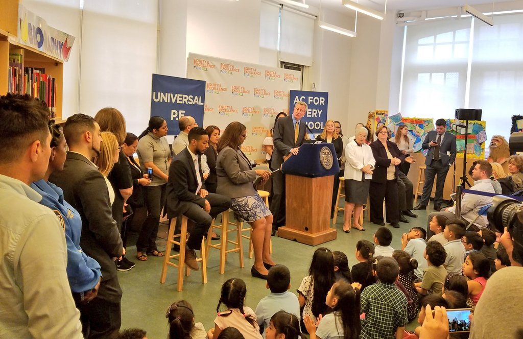 New York City Mayor Bill de Blasio announces a 385 million plan to provide more gymnasium space in schools