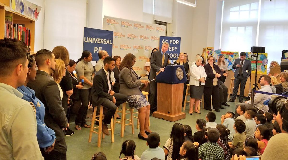 New York City Mayor Bill de Blasio announces a $385 million plan to provide more gymnasium space in schools.