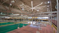 Iowa State University solved comfort and IAQ issues resulting from stagnant hot air with a natural ventilation approach by installing 10 ceiling fans of various sizes around the upper indoor track in its recreation facility Photo Big Ass Fans Iowa State University solved comfort and IAQ issues resulting from stagnant hot air with a natural ventilation approach by installing 10 ceiling fans of various sizes around the upper indoor track in its recreation facility Photo Big Ass Fans