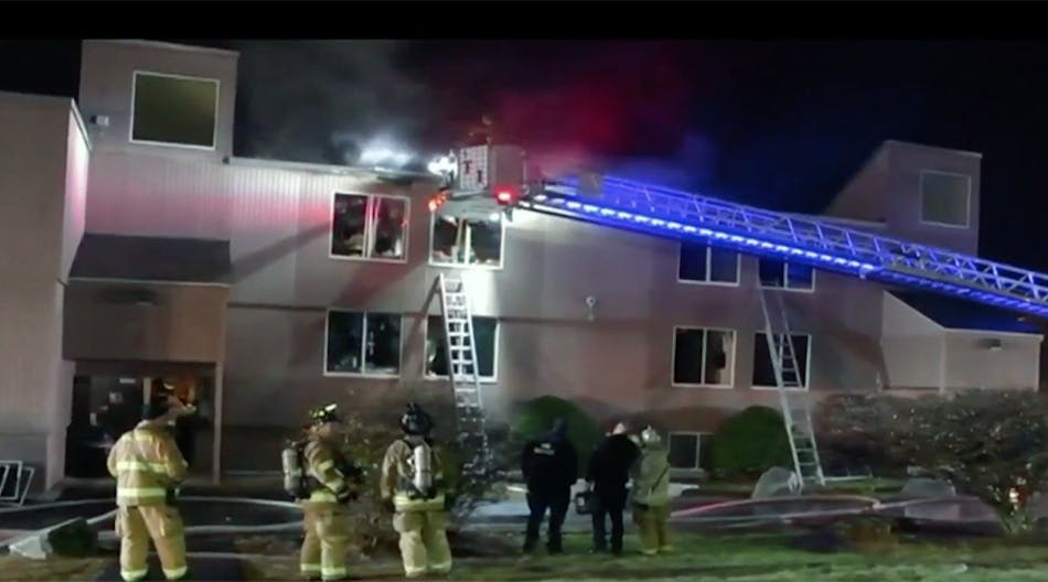 Fire damaged Greeley Hall at Southern New Hampshire University.