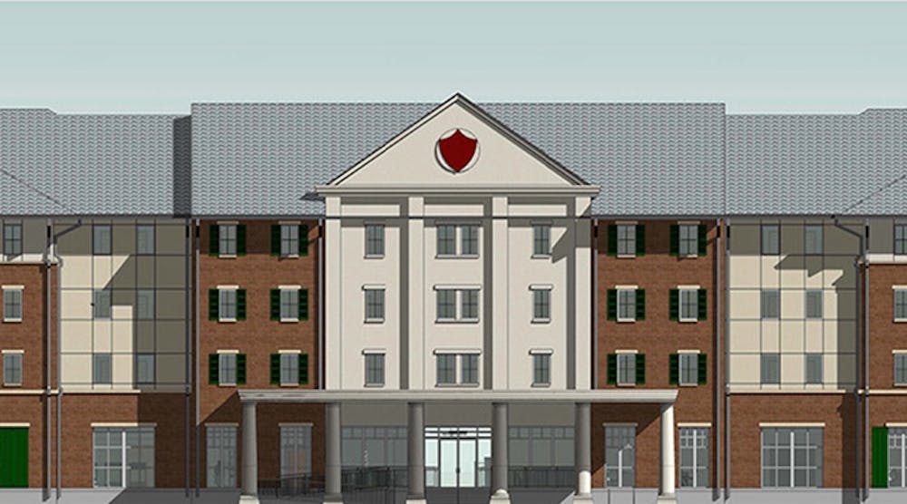 Rendering of residence hall under construction at University of Holy Cross.