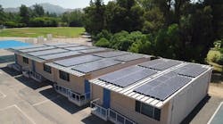 Solar panels installed on the roof of portable classrooms in the Poway district.