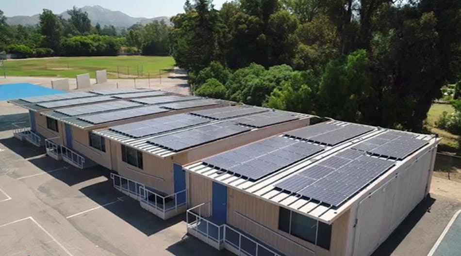 Solar panels installed on the roof of portable classrooms in the Poway district.