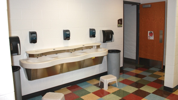 Some schools such as Bell Prairie Elementary School Kansas City Mo choose to house the water soap and hand towels in the hallway where students can be supervised more easily Architect Hollis Miller Architects Photo by Jennifer Ray