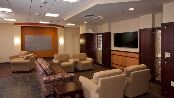 The University of North Carolina at Charlotte Miltimore Residence Hall uses a combination of hard flooring and carpeting depending on the area and its use