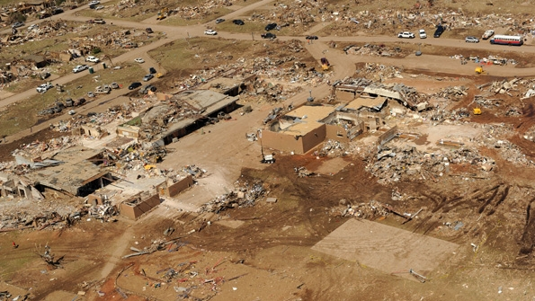 Aerial views of the damage to Plaza Towers Elementary School after an F5 tornado touched down in the Moore Okla area on May 20 2013 Photo courtesy of Jocelyn AugustinoFEMA