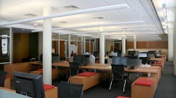 The John Marshall Law School, Chicago, features a chilled-beam installation. Slot diffusers bring air from the chilled-beam system into the space, running along the perimeter of the building.
