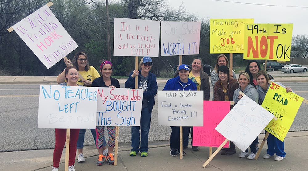 Teachers in Healdton, Okla., demonstrate for pay raises.