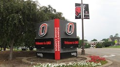 Entrance monuments at the University of Nebraska Omaha carry the institution&rsquo;s brand, campus name and electronic information panels, which are changed as events dictate.
