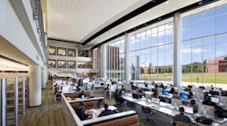 The centerpiece of Georgia Gwinnett College&rsquo;s library is the Information Commons, a three-story atrium inspired by the concept of a town square commons. Photo courtesy of Rion Rizzo/Creative Sources Photography