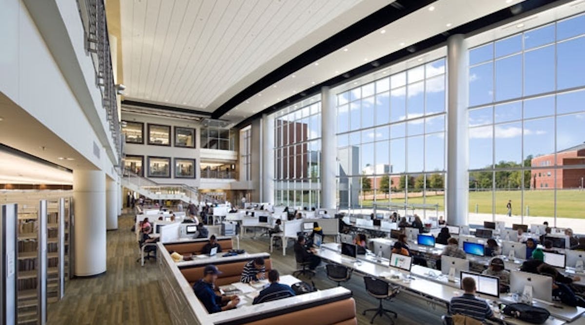 The centerpiece of Georgia Gwinnett College&rsquo;s library is the Information Commons, a three-story atrium inspired by the concept of a town square commons. Photo courtesy of Rion Rizzo/Creative Sources Photography