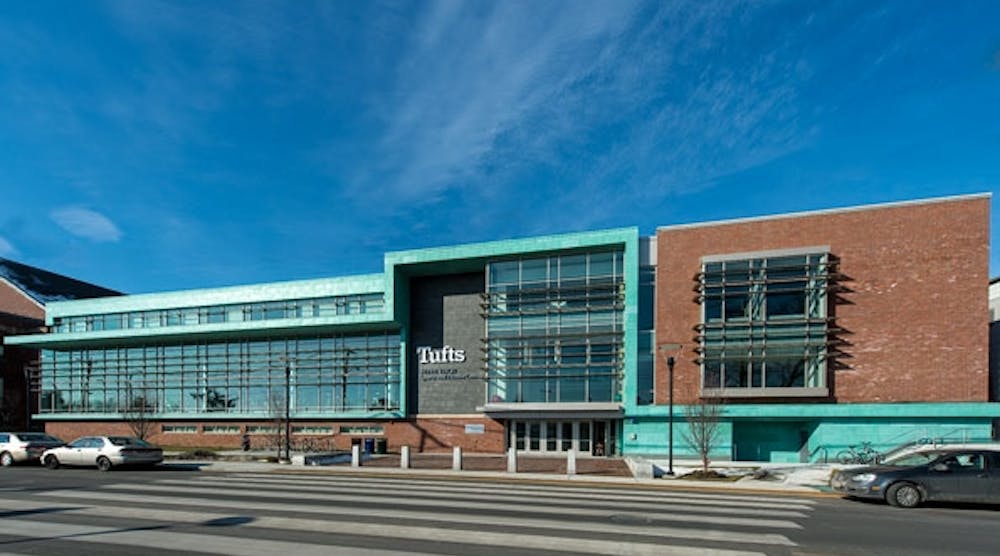 At Tufts University, Medford, Mass., the site of the Steve Tisch Sports and Fitness Center was constrained by several existing structures. Photo &copy;Gregg Shupe 2013|ShupeStudios.com, courtesy of Stanmar Inc.