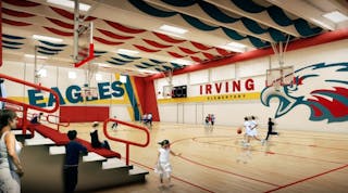 The Joplin, Missouri, school system has rebuilt most of its gyms as safe rooms. This rendering shows the Irving Elementary School gym before it was built. The bright colors and recreational equipment in the gym help to keep students calm.