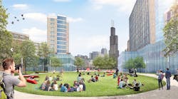 Rendering of the mixed-use housing and event lawn planned for University of Illinois-Chicago
