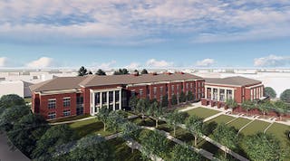 Rendering of Auburn&apos;s planned academic classroom and laboratory complex, left, and campus dining facility, right.