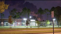 Smoke plumes from a chemical fire billow behind San Jacinto Elementary School in Deer Park.