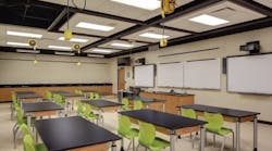 In the renovated science lab at Beaver Dam High School in Beaver Dam, Wis., each workstation is equipped with multiple power outlets, and select labs feature power outlets suspended from the ceiling, which can be lowered as necessary.