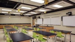 In the renovated science lab at Beaver Dam High School in Beaver Dam Wis each workstation is equipped with multiple power outlets and select labs feature power outlets suspended from the ceiling which can be lowered as necessary In the renovated science lab at Beaver Dam High School in Beaver Dam Wis each workstation is equipped with multiple power outlets and select labs feature power outlets suspended from the ceiling which can be lowered as necessary