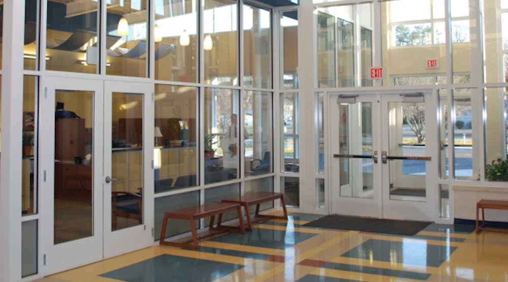 The security vestibule at the front entrance of a school has become the standard in school design, as seen here in this photo of Abingdon Elementary School in Gloucester County, Va.