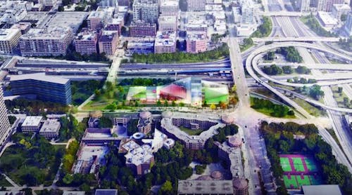 Aerial rendering of the design planned for the Center for the Arts at the University of Illinois at Chicago.
