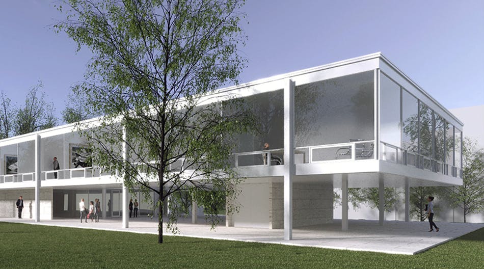 Rendering of building design inspired by architect Ludwig Mies van der Rohe.