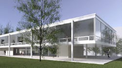 Rendering of building design inspired by architect Ludwig Mies van der Rohe.