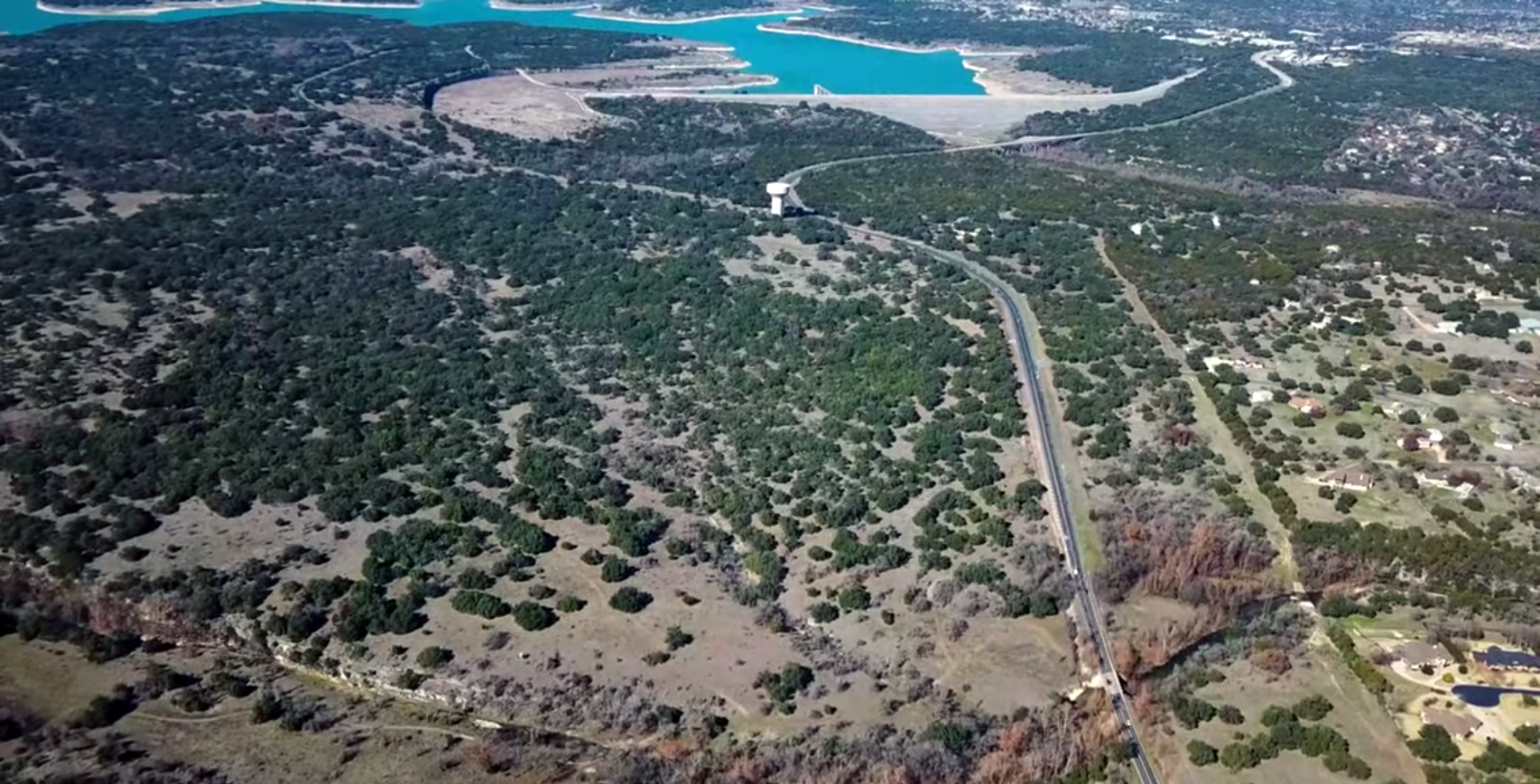 A drone camera view of a tract of land bought by the Georgetown (Texas) school district.